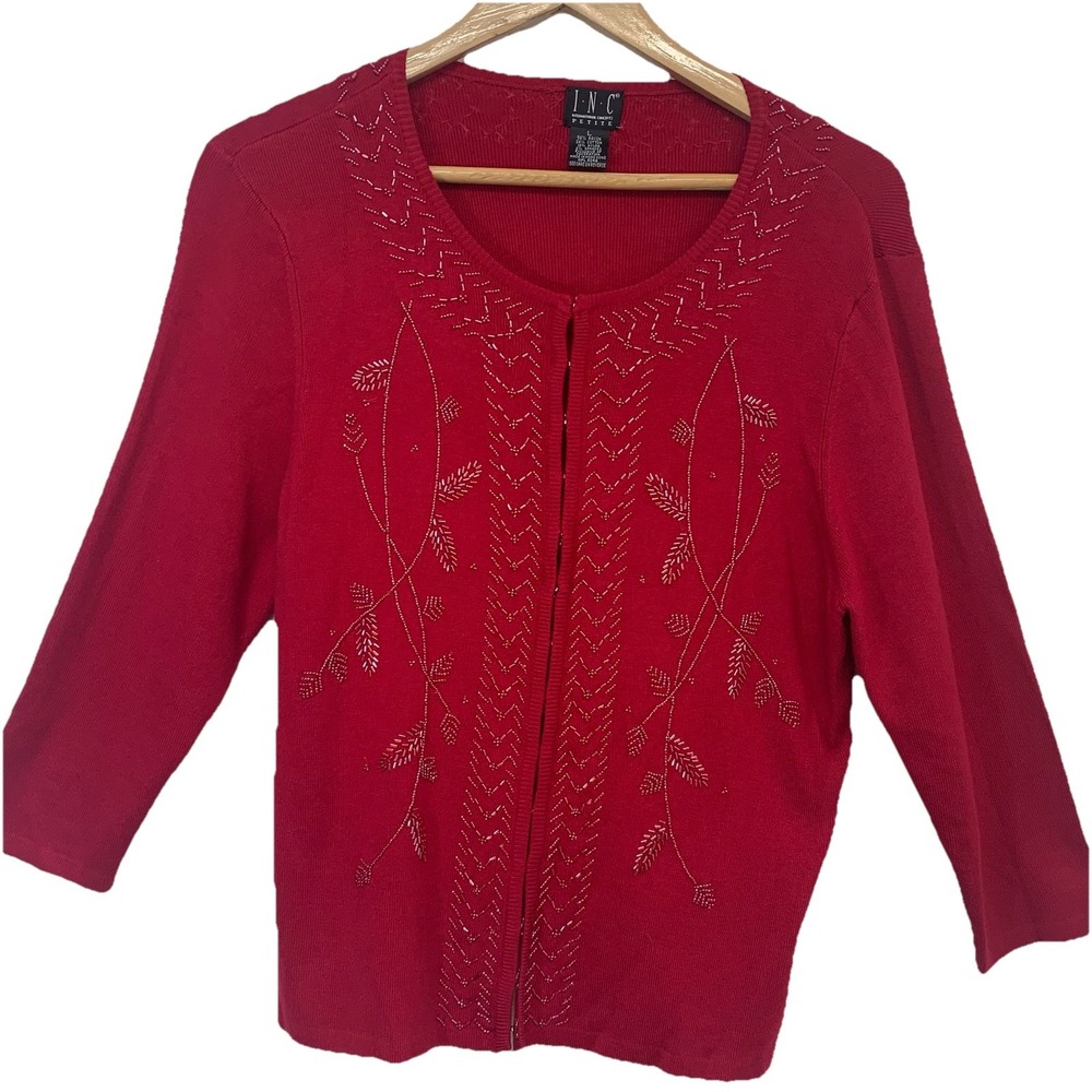 Vintage Inc Beaded Red Cardigan Closure Rib Knit Medium 3/4 Sleeve LP Holiday